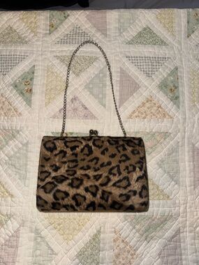 Vintage Leopard Print Kisslock Clutch Purse | Faux Fur Chain Strap Y2K 90’s